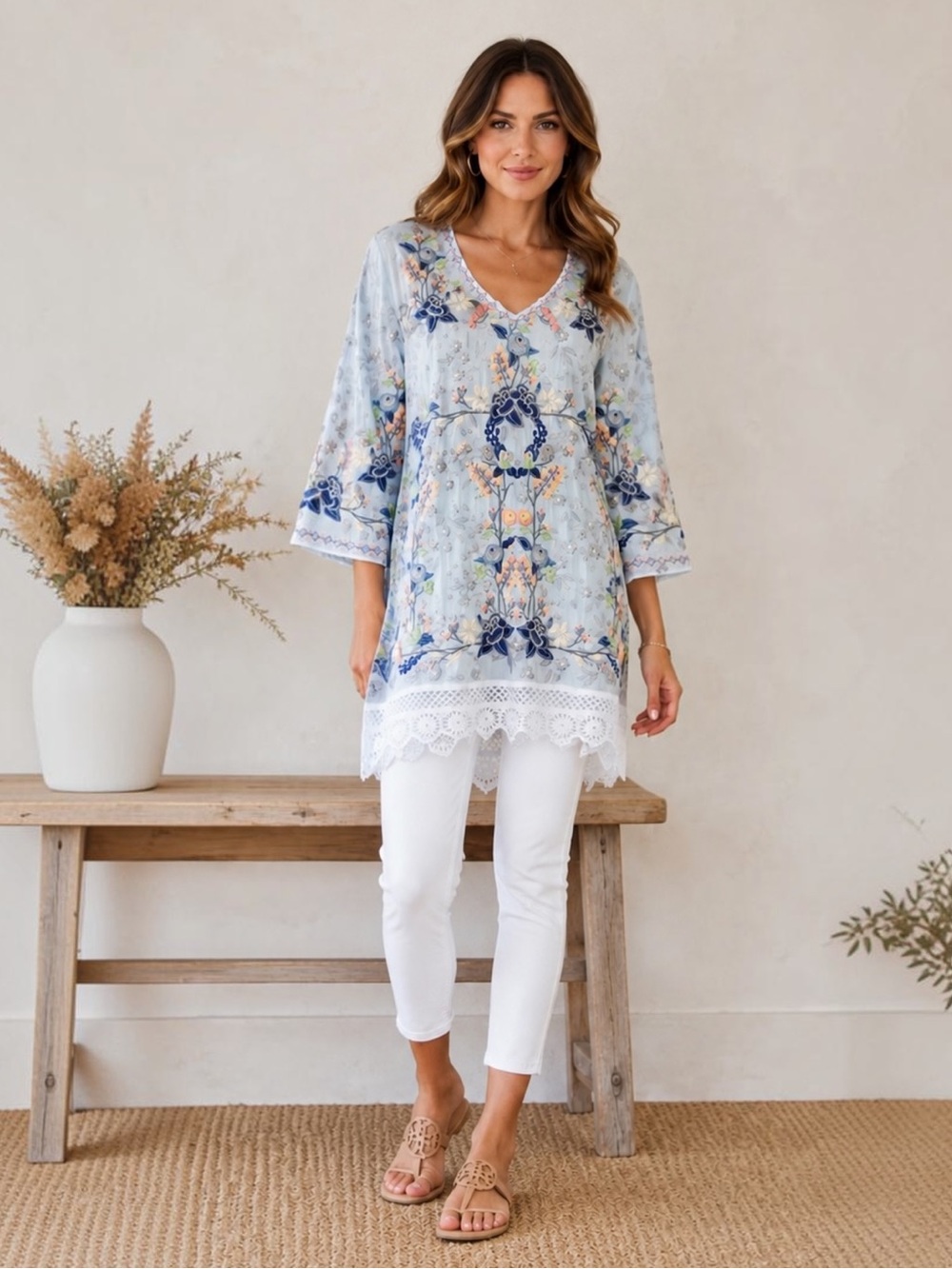Johnny Was Azalia Embroidered Tunic Top M NWT Floral Lace Rayon Boho